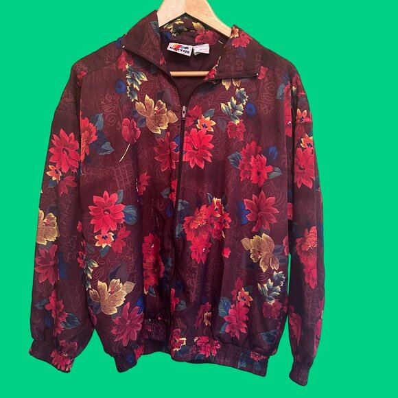 Vintage 80s track suit windbreaker jacket floral print zip up red Kaktus M - Picture 1 of 8